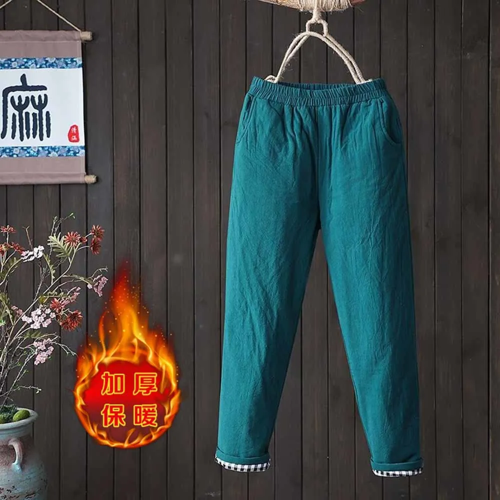

Autumn Winter Women Loose Casual thicken Warm Cotton Linen Pants Elastic Waist vintage Harem Pants Female Trousers