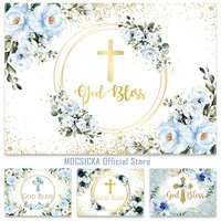 boy first holy communion backdrop gold bless baptism party decor blue floral gold glitter background baby shower photo props
