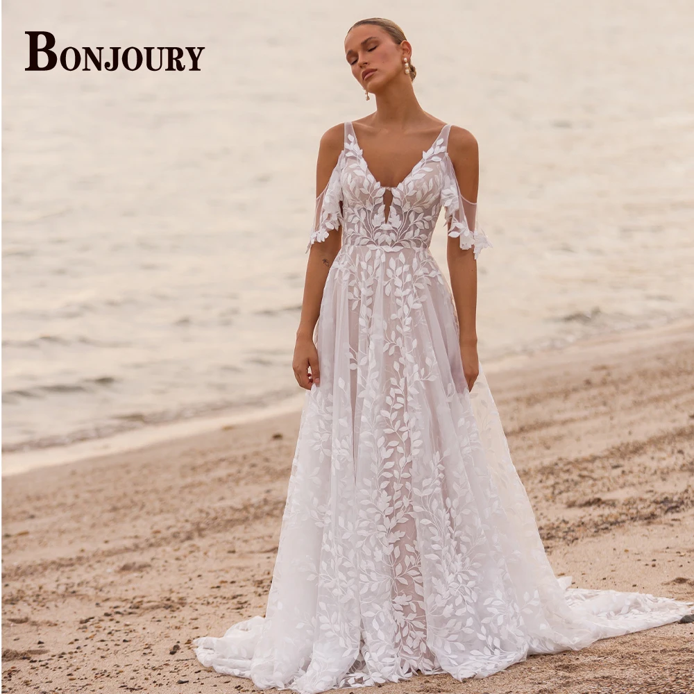 

BONJOURY Pastrol Wedding Dresses Tank V-neck Tulle A-line For Women 2023 Bride Lace Leafy Appliques Customised Robe De Mariée