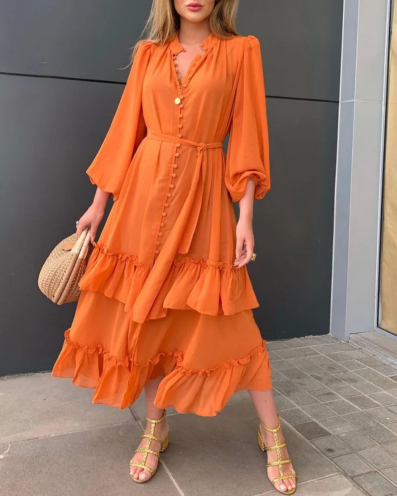 

Elegant Office Ladies Orange Ruffle High Quality 2023 Spring Summer Puff Sleeve V Neck Sweet Long Dresses Women's Clothing