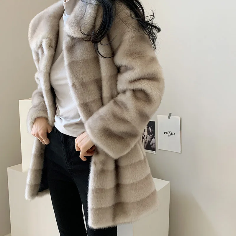 Women Faux Fur Coats Gradient Mink Turn-down Collar Stripe Clothes Warm Thicken Long Jacket Winter 2021 Soft Furry Overcoat New