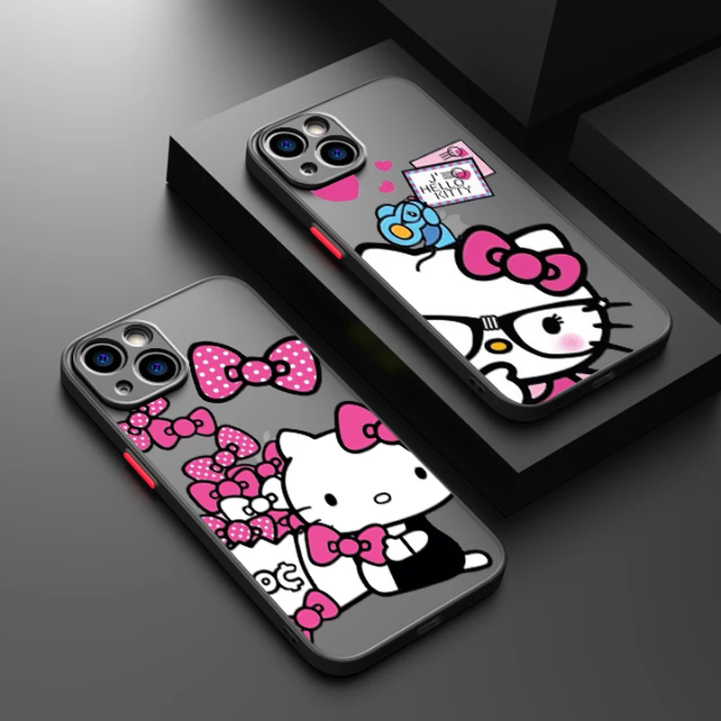 

Cartoon Girl Hello Kitty Frosted Translucent Phone Case Cover For Apple iPhone 14 13 12 Mini 11 Pro XS MAX XR X 8 7 SE Plus