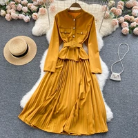 o neck button decoration vestidos de mujer 2022 long sleeve pleated woman dress patchwork fashion solid color femme robe