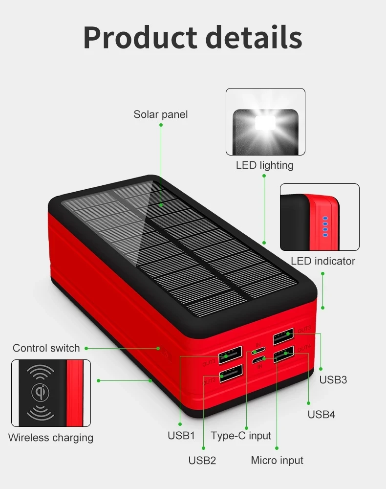 10000mAh Wireless Solar Power Bank Портативное зарядное устройство большой емкости 4USB LEDLight Outdoor