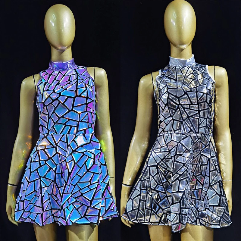 Костюм для ночного клуба серебряное зеркальное платье певица танцовщица