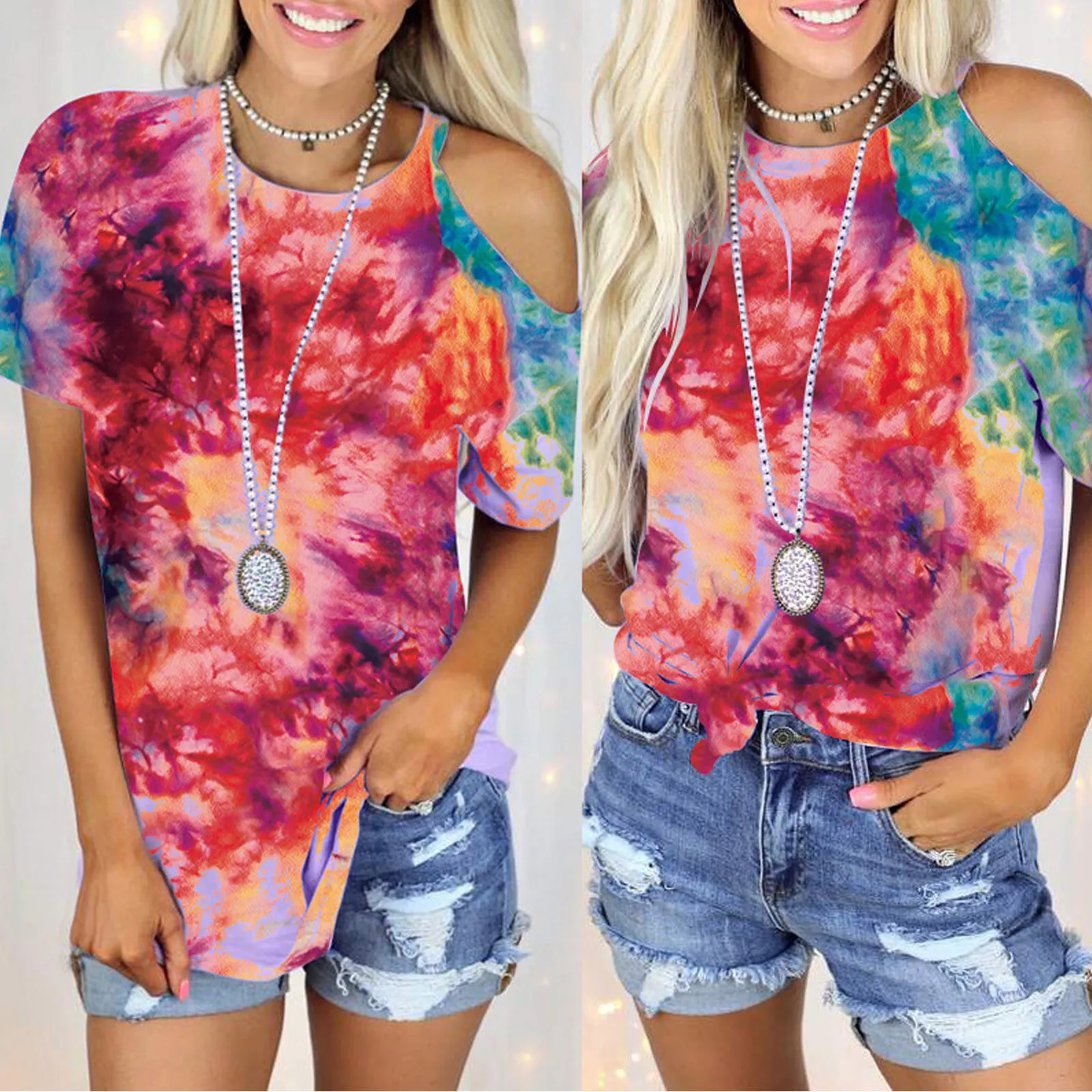 

Женская блузка с коротким рукавом, круглым вырезом и длинным рукавом