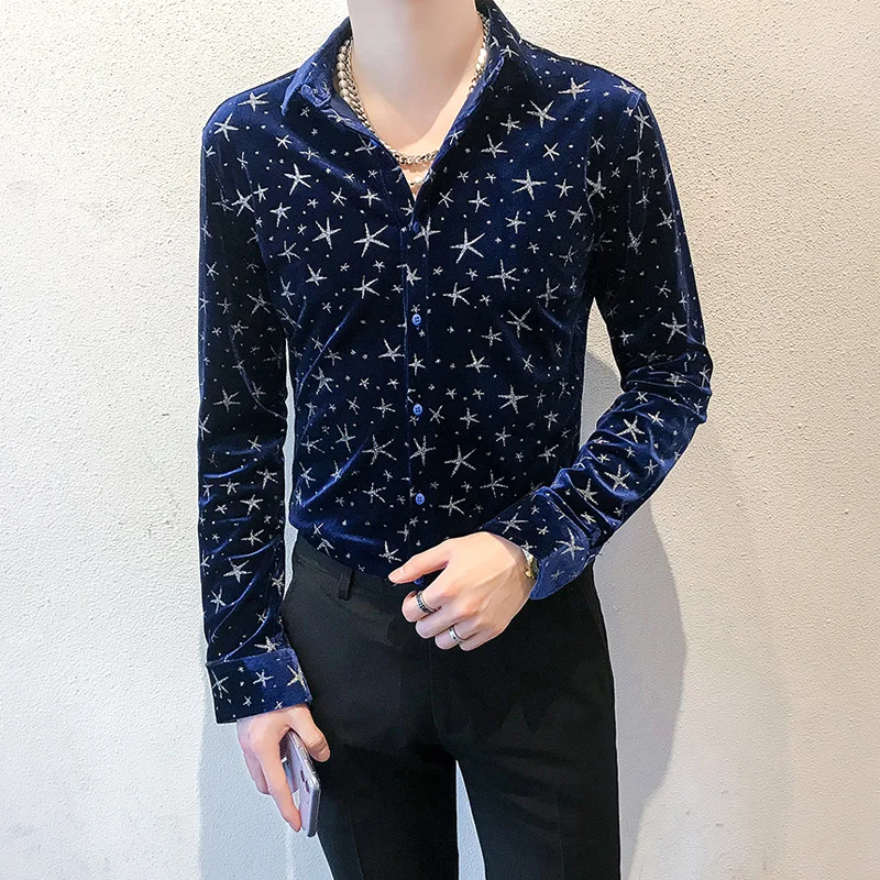 Velvet Men Shirts 2021 Autumn Winter Long Sleeve Luxury Tuxedo Dress Shirt Vintage Casual Slim Fit Shirt Plus Size Male Clothing