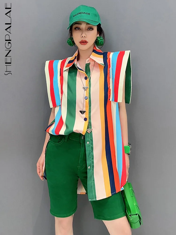 

SHENGPALAE Colorful Striped Shirt For Women Fashion Flying Sleeve Lapel Contrast Color Casual Blouse Autumn 2023 New Tide 5R3900