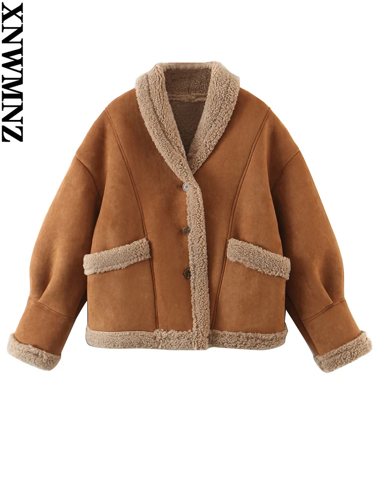 XNWMNZ Fall Winter Women's Fashion Loose Pocket Jacket Women's Retro Suede Lamb Wool Warm Coat