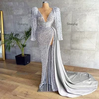 glitter sequin silver mermaid evening dress aso ebi sexy v neck long sleeve black girls prom dress with train slit formal gown