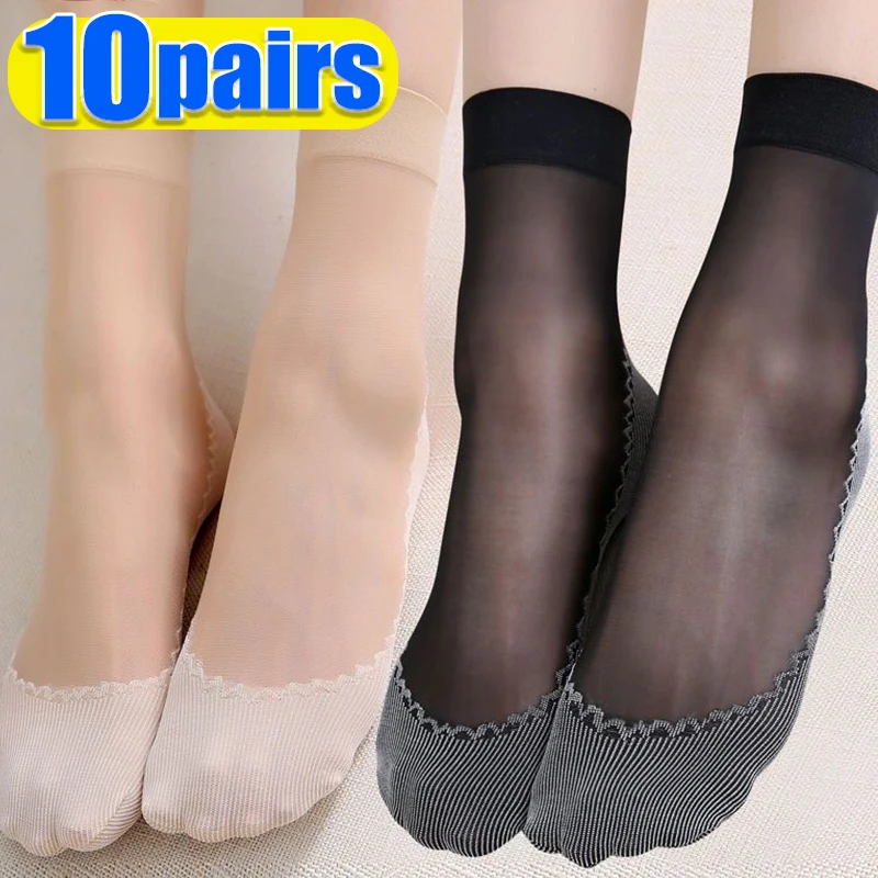 20pcs=10 Pairs Spring Summer Women Soft Socks Thin Silk Socks Non-Slip Bottom Splice Fashion Transparent Ladies Breathable Sock