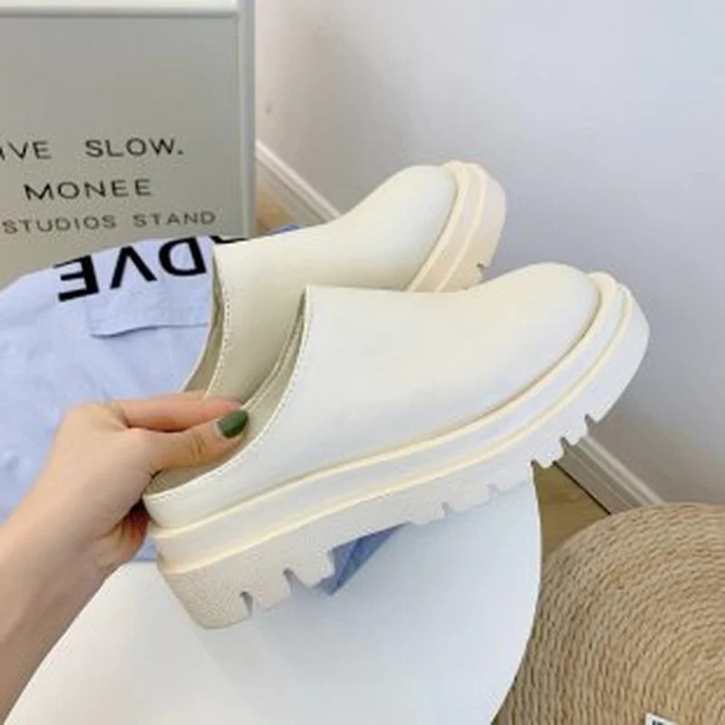 

2021 new slippers summer fashion leather shoes loafers high top slippers ladies black high heels Zapatillas Mujer