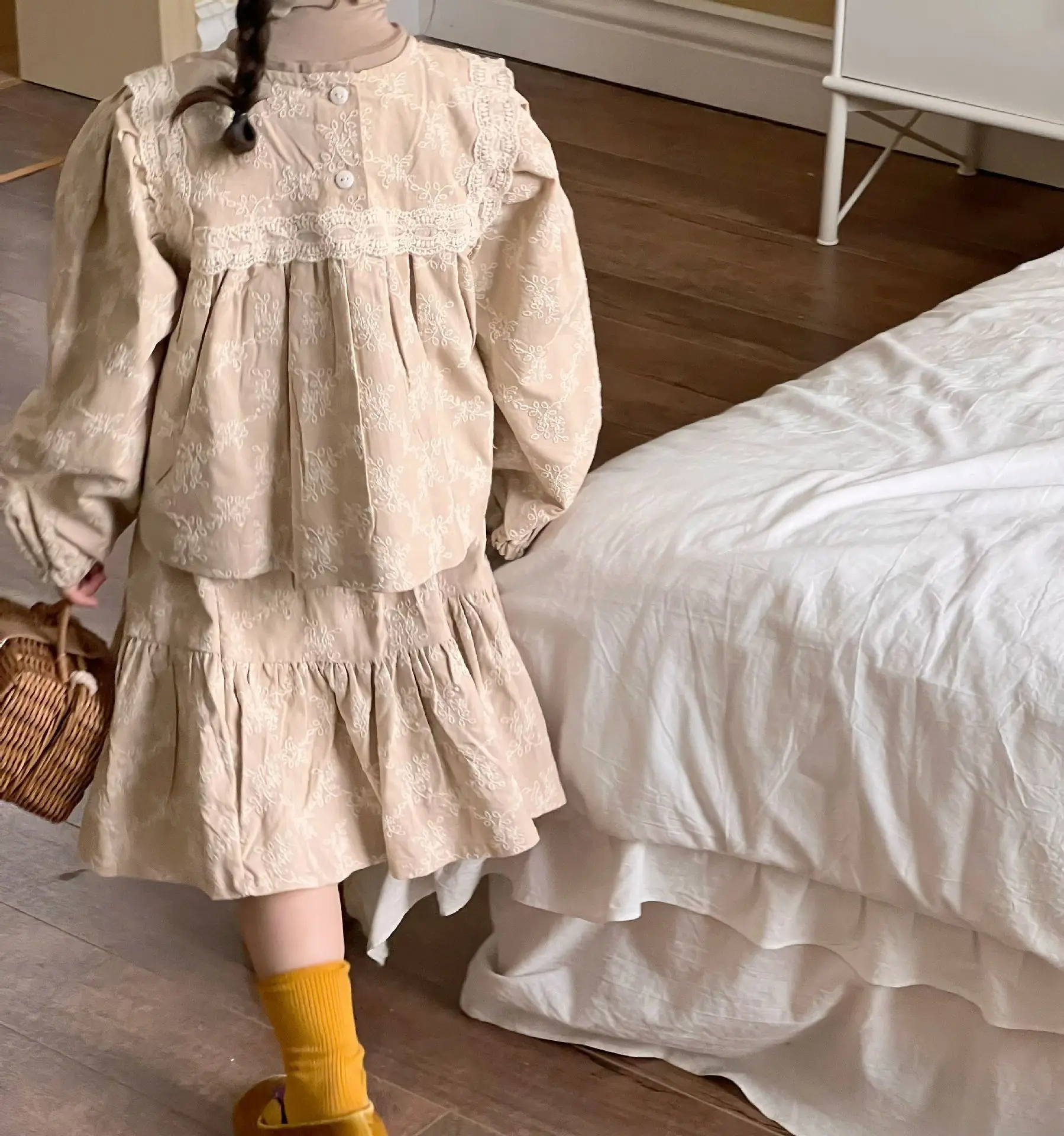 Freely Move 2022 Autumn Girls' Clothing Sets Lace Floral Tops+Long Skirt 2Pcs Suit Princess Toddler Baby Kids Children Clothes