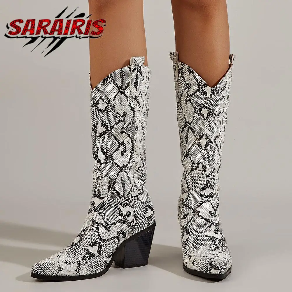 

Women Boots Snake Print non-slip Block High Heel Mid Calf Cowboy Cowgirl Boots Shoes Casual Stylish Design Comfy Winter Shoes