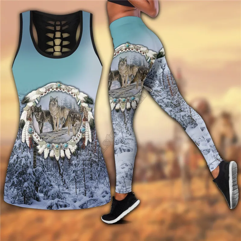 

PLstar Cosmos Native Wolf 3D Printed Tank Top+Legging Combo Outfit Yoga Fitness Soft Legging Summer Women For Girl
