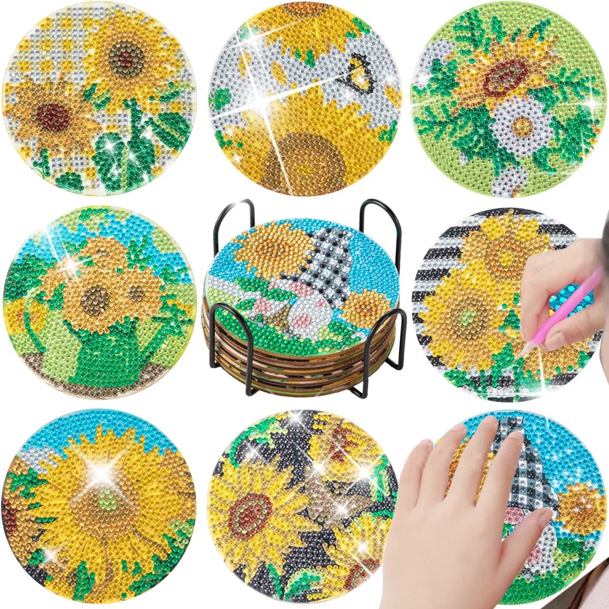 

GATYZTORY 8pcs Diamond Painting Coasters With Holder Handiwork Sunflowers Paint Kit Handmade For Kids Adults Mosaic Art Gift