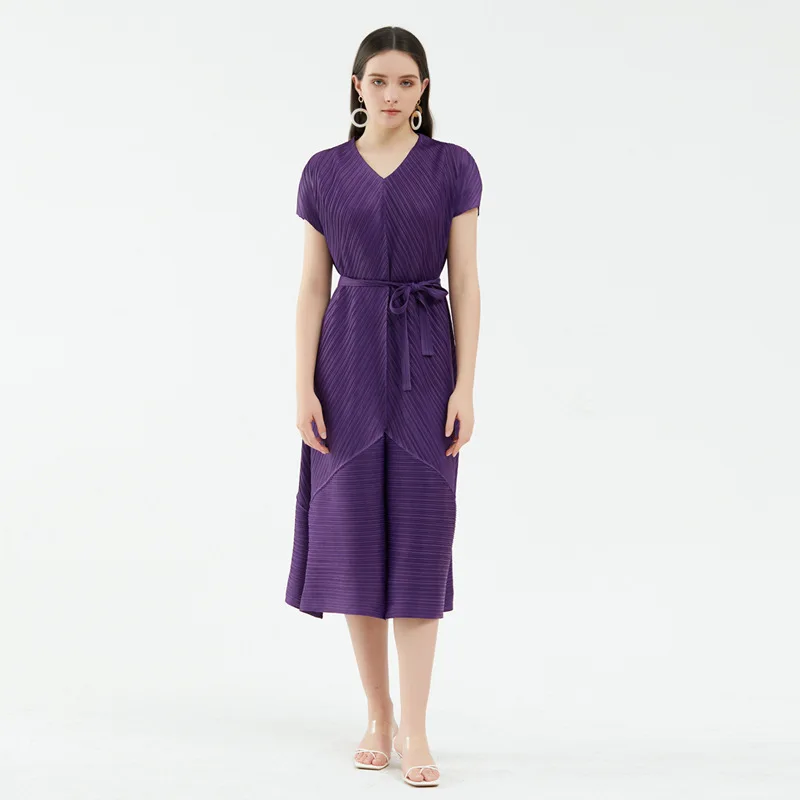 Miyake Pleated Dress Summer Women Clothing V-Neck Short Sleeves Solid Color Elastic Loose Lace-Up Waist Casual Dress Purple Midi