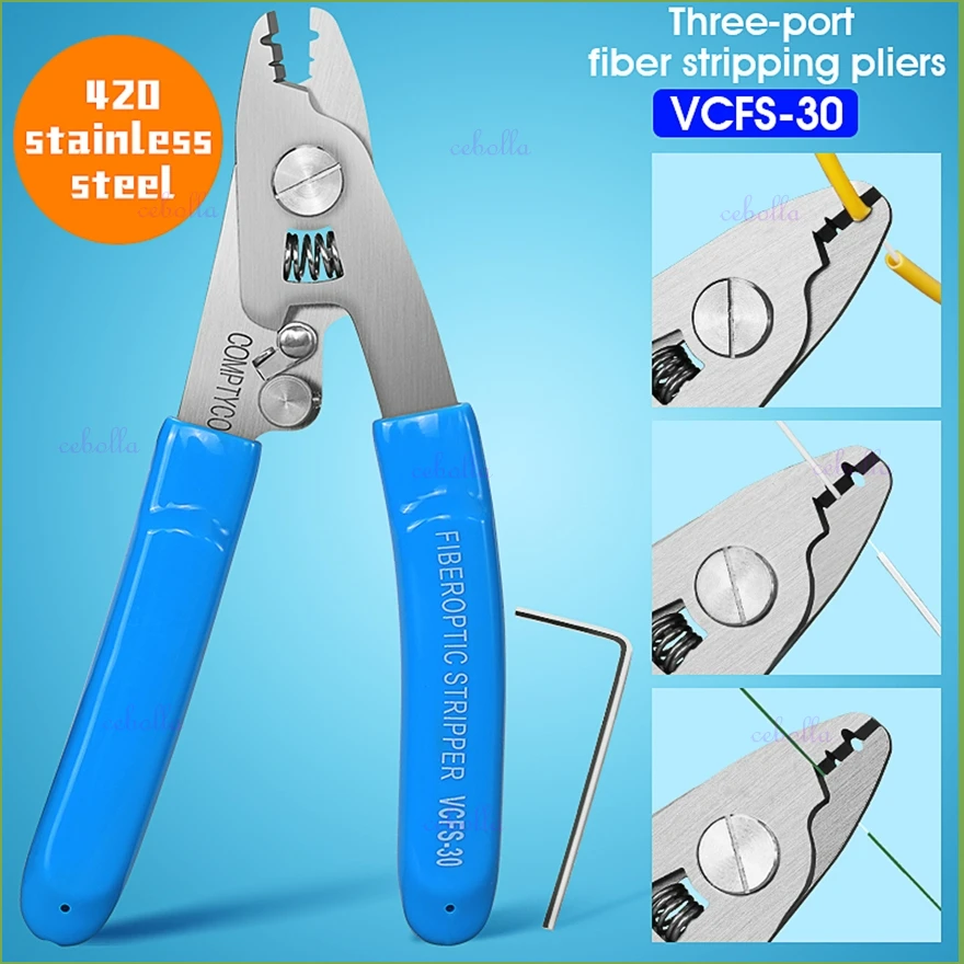 

COMPTYCO Stainless steel VCFS-30 Fiber Optical Stripper Three-port Pliers Wire Strippers for FTTH Tools Optic Stripping Plier