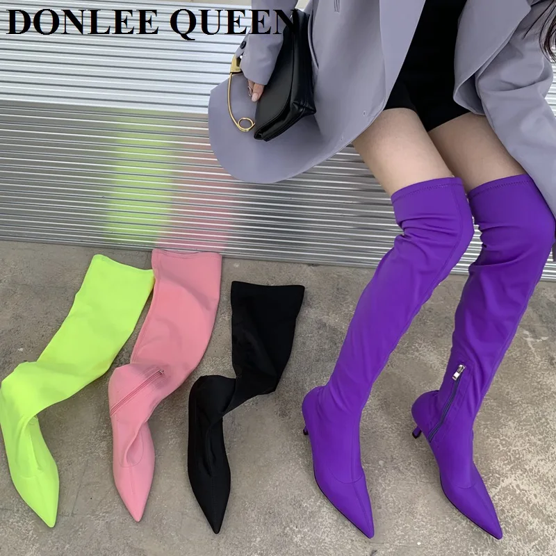 2022 New Autumn Boots Fashion Brand Pointed Toe Boots Candy Color Elastic Thin Boots Women High-heeled Over-the-knee Boots Mujer