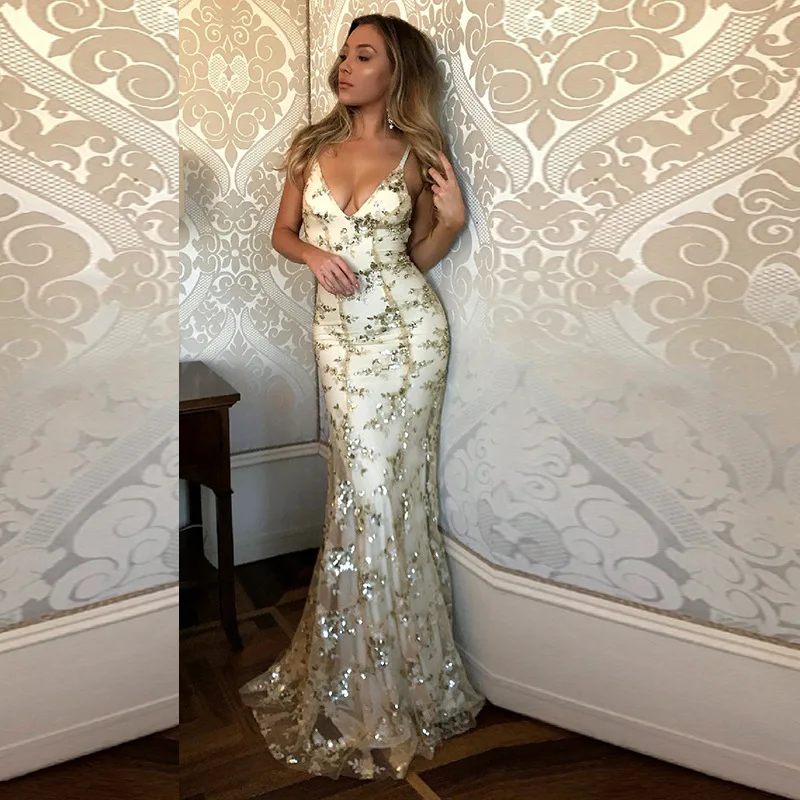

2022 Women's Summer Sexy V-neck Sling Sequin Party Dress Female Long Length Mujer Vestido