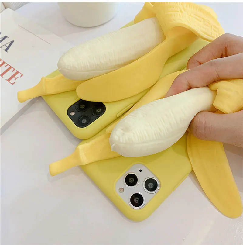 3D Stress Reliever Funny Peeled banana Phone Cases Cover For iPhone 12 Pro Max 13 7 8 Soft back case for fundas iphone XR XS Max