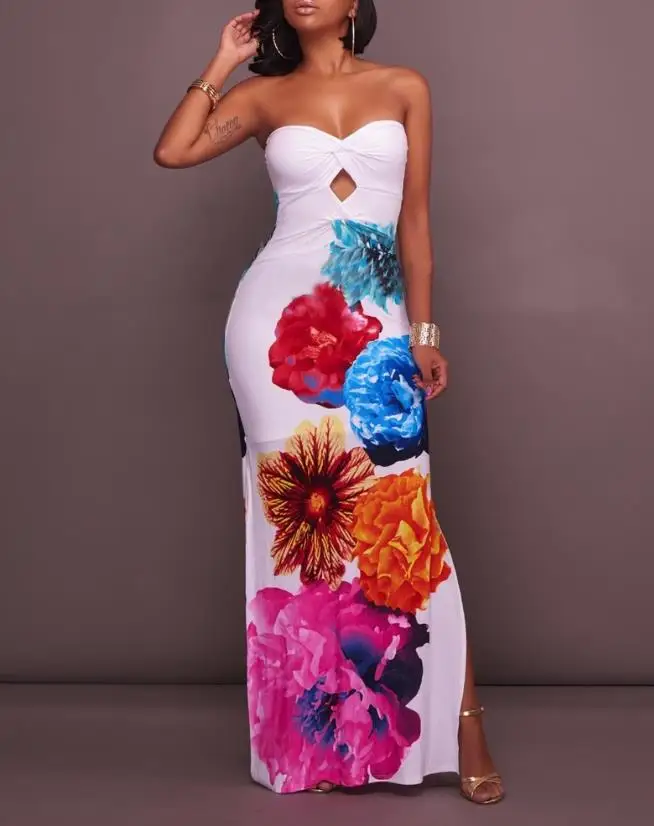 

Floral Print Cutout Bandeau Slit Skims Dress for Woman 2023 Summer New Sexy Sleeveless Ruched Design Fashion Female Long Dresses
