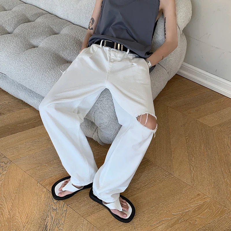 Summer White Baggy Jeans Men Fashion Oversized Wide Leg Jeans Mens Streetwear Korean Loose Hole Straight Denim Trousers Men