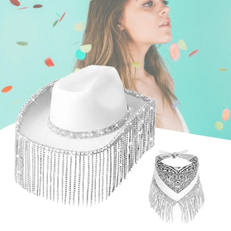 

Fringed Cowboy Hat Bandana Womens Cowgirl Hat Kerchief Set Western Costume
