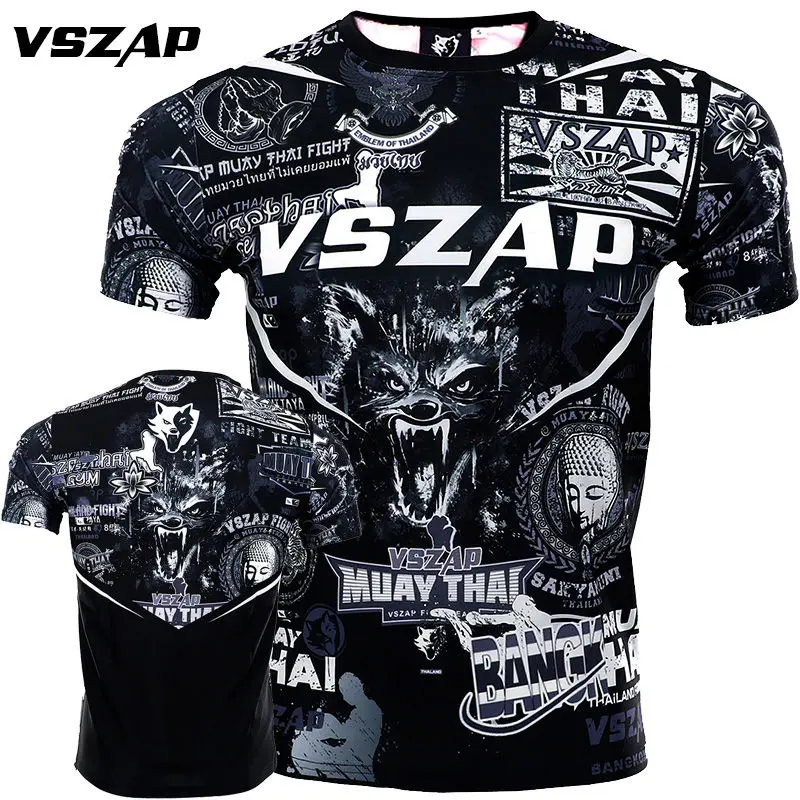 

VSZAP стрейчевый Быстросохнущий Муай Тай с коротким рукавом для MMA фитнеса мужской спортивный MMA Боевая футболка