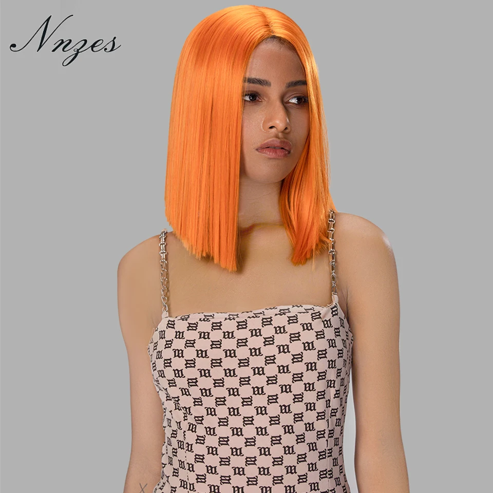 

NNZES Synthetic Wig Short Orange T-Part Lace Bob Wigs for Women Straight Middle Part Cosplay Black Wigs Heat Resistant Fiber