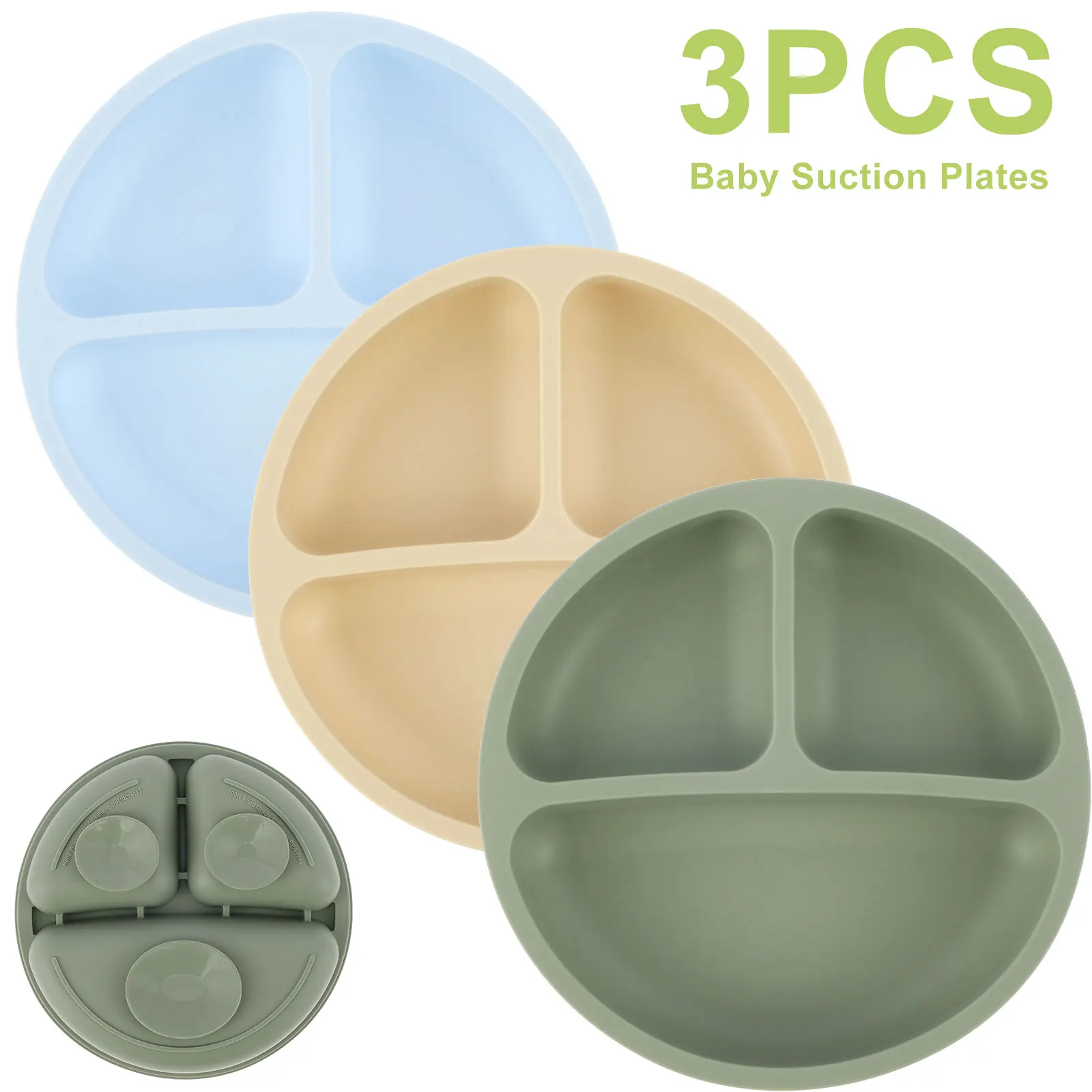 

3Pcs Silicone Suction Plates for Baby Non Slip Self Feeding Training Plates Portable Toddlers Divided Plates Dishwasher and