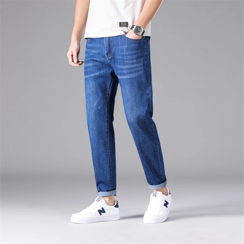 Straight Pants Men's New Summer Jeans Men Elastic Slim Fit Small Straight Casual Pants Men's Simple Fashion Business Jeans
