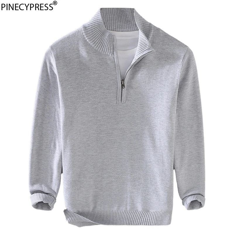 

High Quality 100% Cotton Autumn Winter Mens Long Sleeve Mock Neck Sweater Casual Knitted Clothes Zipper Fashion Male Tops Jumper