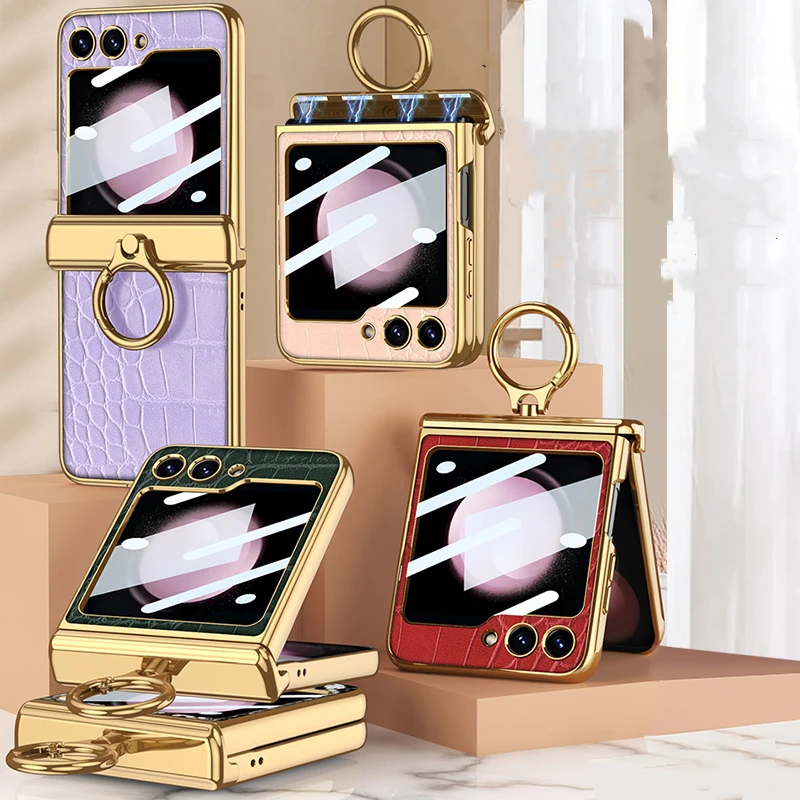 

Кожаный чехол с покрытием для Samsung Galaxy Z Flip 5, чехол с магнитным кольцом на петлю со стеклянной пленкой для Z Flip5