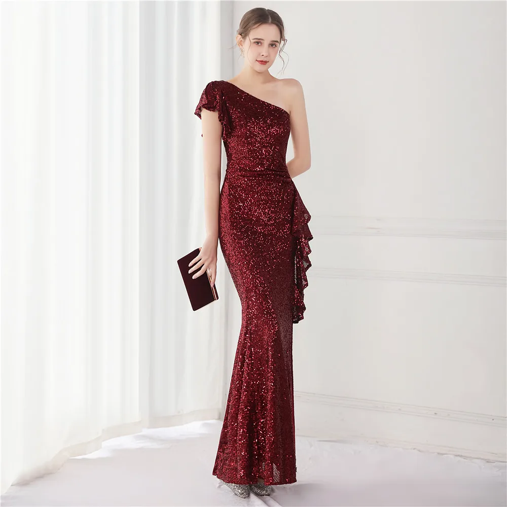 

Элегантные платья с блестками бордового цвета для женщин платья с одним открытым плечом и разрезом сбоку для особых случаев женское вечерн...