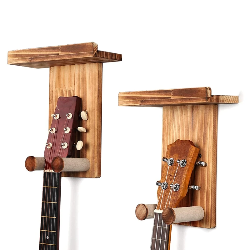 

2Pcs Guitar Wall Hanger Guitar Wall Mount Holder Guitar Hanger Shelf With Pick Holder Solid Pine Wood Guitar Rack