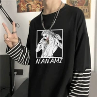 japanese anime pattern oversized t shirt womens striped stitching long sleeved summer tops casual loose unisex t shirt