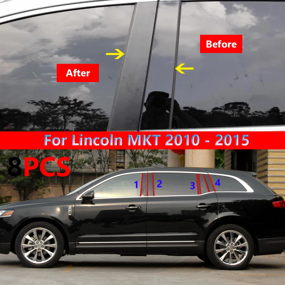 

8Pcs Gloss Black Window Trim Cover BC Column Sticker for Lincoln MKT 2010 2011 2012 2013 2014 2015 Polished Pillar Posts