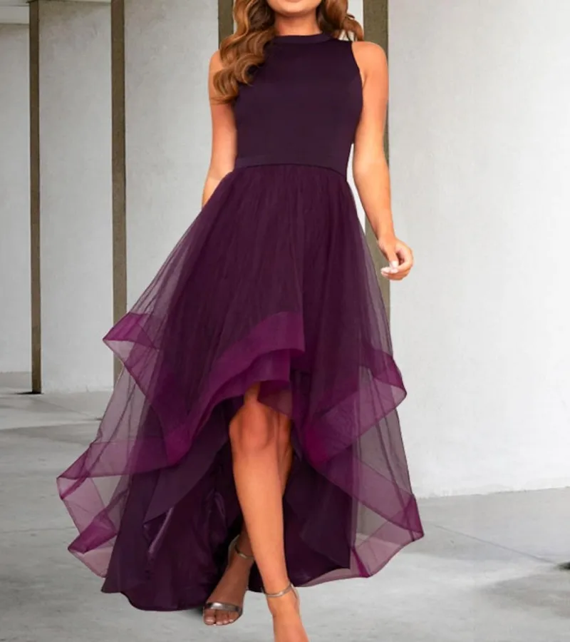 

Вечерние платья с высоким вырезом, с виноградным узором, 2022, с драгоценным вырезом, без рукавов, с оборками, асимметричные тюлевые вечерние платья, бальное платье для вечеринки