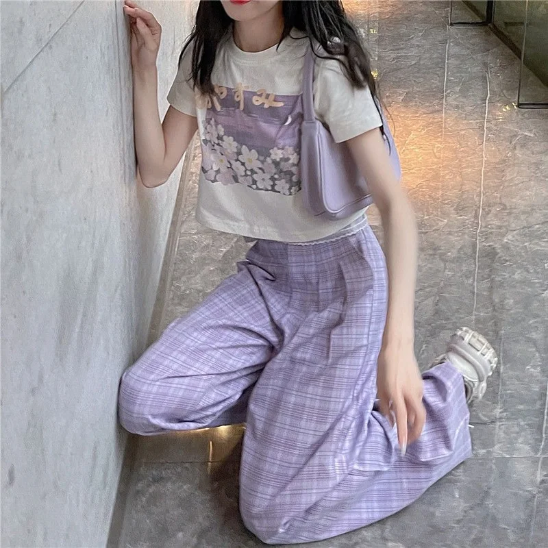 Fernan moda coreana viola Plaid Y2k pantaloni donna Kawaii Soft Girl Oversize vita alta pantaloni a quadri gamba larga pantaloni femminili