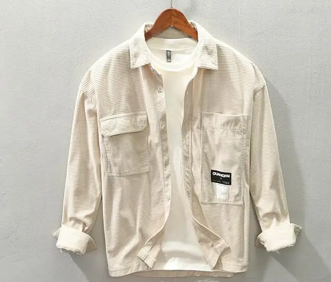 Men's Outerwear Shirts Spring and Autumn Men's Corduroy Shirts Long Sleeve Lapel Shirts Irregular Pockets