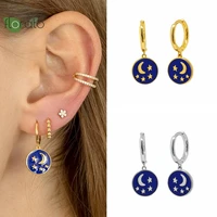 925 sterling silver needle blue star moon disc pendant hoop earrings for women enamel gold earrings party high luxury jewelry
