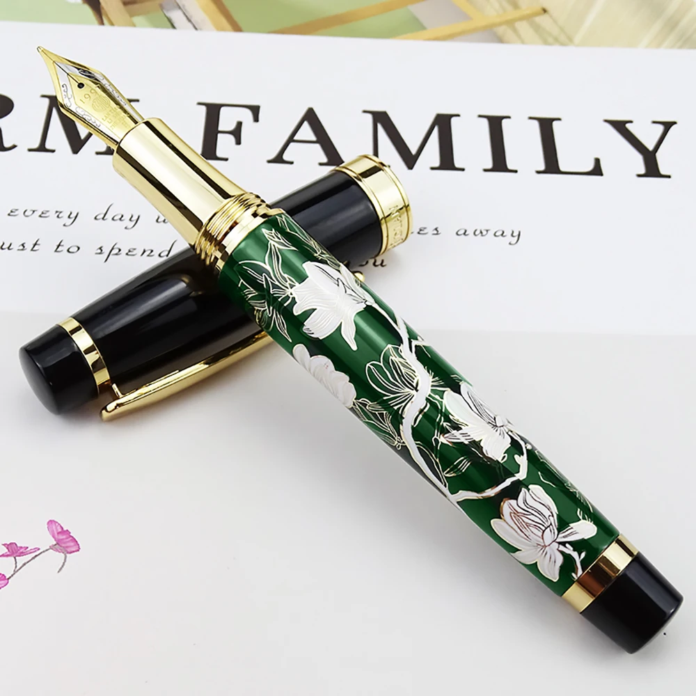 HongDian 1837 Metal Fountain Pen Hand-Drawing Green Flowers Iridium 0.5/1.2mm Bent Nib Ink Pen Writing Gift Pen for Business