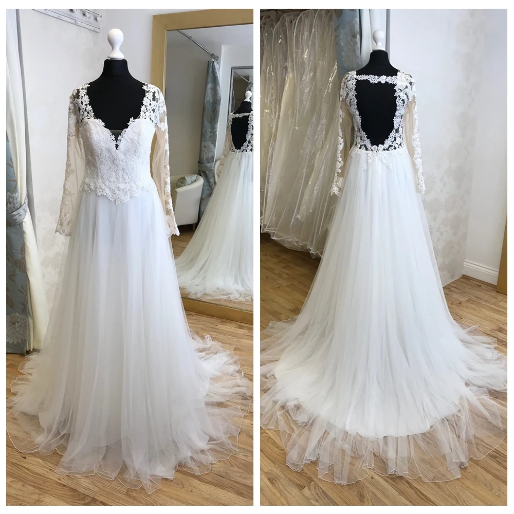 

Long Sleeves Boho Wedding Dresses Vestodos Bridal Gowns V Neck Backless A Line Illusion Lace Bodice Tulle Skirt Appliques