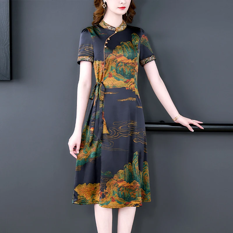 

2022 Summer New Women's high quality Chinese style silk print casual large size loose slimming lace-up mid-length dress