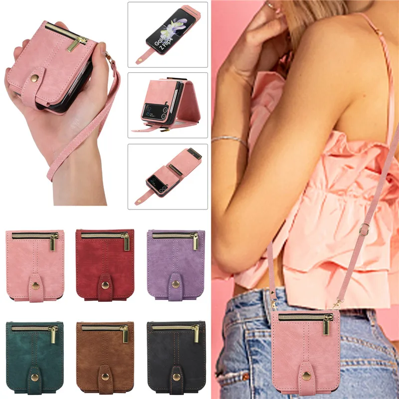 

Luxury Lanyard Purse Phone Bags for Samsung Galaxy Z Flip 4 3 Leather Zipper Case Flip3 Flip4 Wallet Card Slot Cover Etui Hoesje