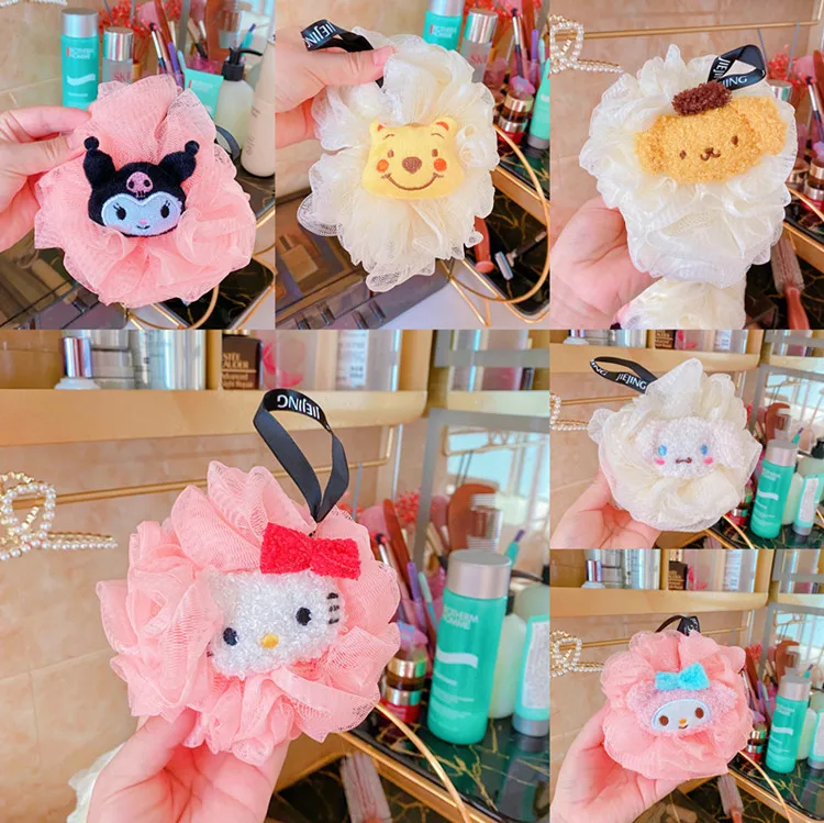 

Kawaii Cartoon Cute Kuromi Bath Ball Soft Toiletries Back Scrub Bath Ball My Melody Purin Dog KT Cat Plush Net Mu Bubble Ball