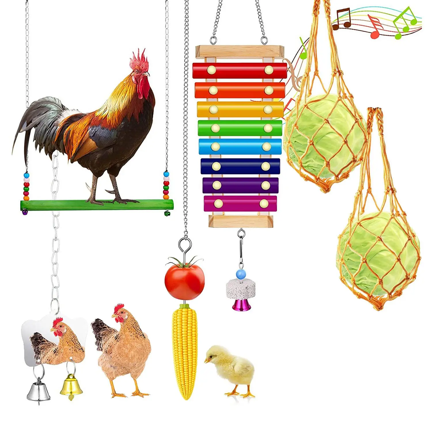 

6 Pcs Chicken Toys Set,Vegetable Hanging Feeder Chicken Chewing Foraging Toys for Chicken,Chicken Coop Accessories