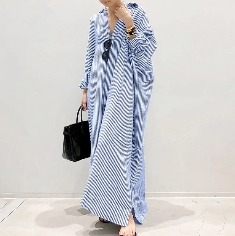 

Maxi Dress Women 2022 Cotton Spring Summer Casual Long Robe Sundress Linen Striped Cardigan Spring Loose Waist Elegant Ladies