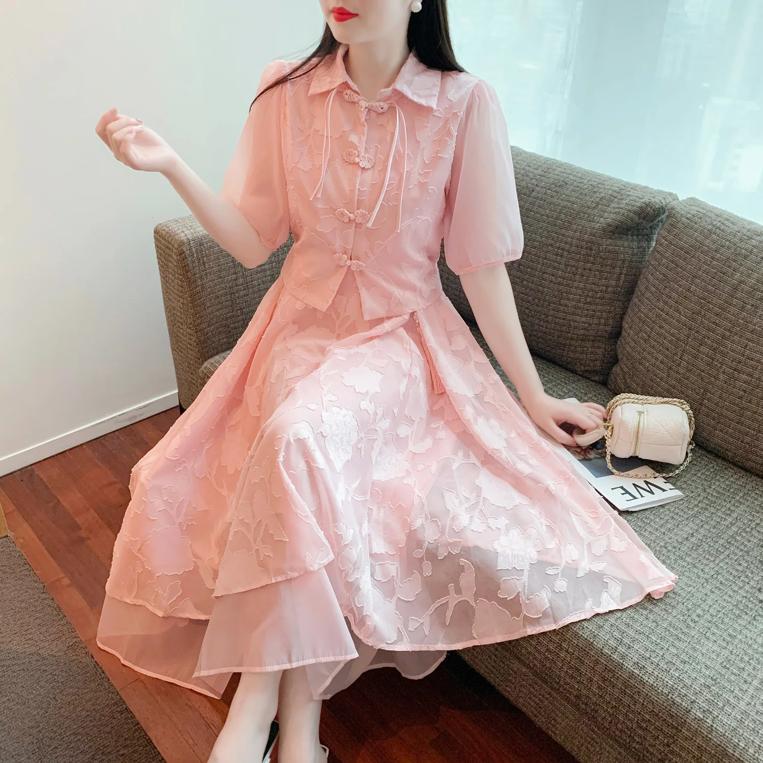 New Chinese-style improved cheongsam fairy dress Summer 2023 new doll collar bubble short sleeve lace dress
